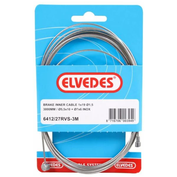 Elvedes Binnenkabel-Rem Achter 2 Nippel 3mtr RVS 300cm Zilver